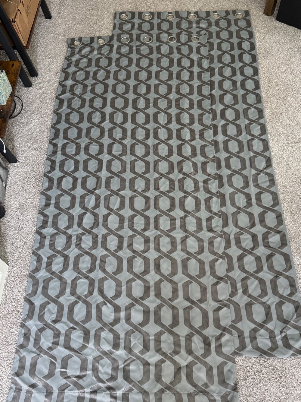 2 Geometric Pattern Grommet Curtain Panels - teal & silver